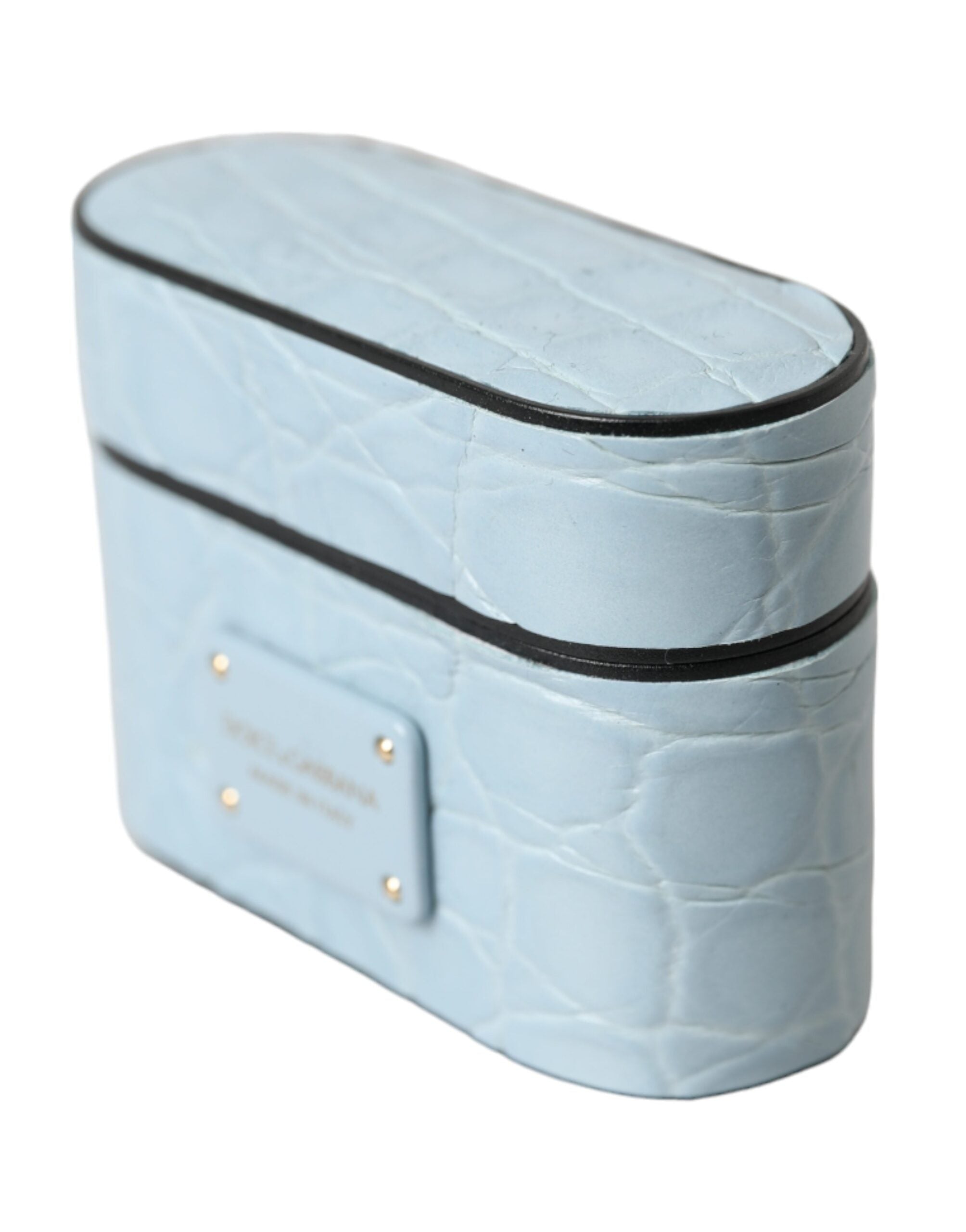 Discover the Dolce & Gabbana Light Blue Leather Airpods Case, a luxurious blend of 100% Caiman leather and Italian craftsmanship, elevating your style with sophistication.