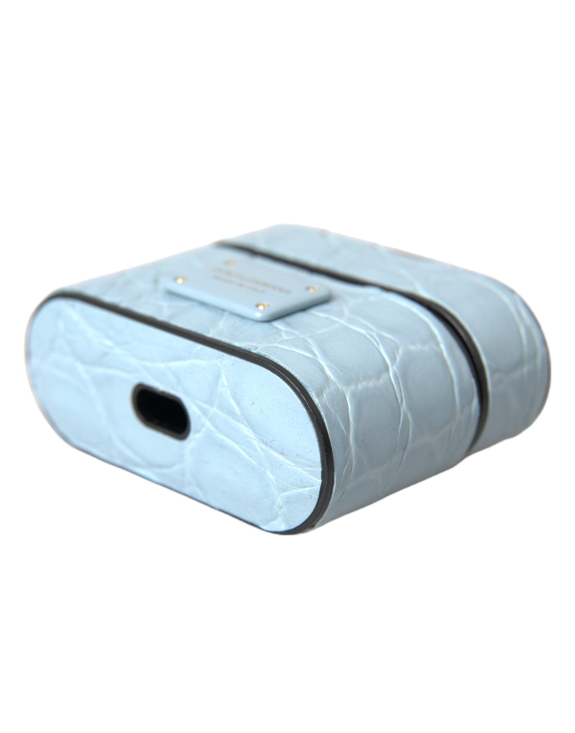 Elevate your style with the Dolce & Gabbana Light Blue Leather Airpods Case, crafted from luxurious Caiman leather, embodying Italian elegance and sophistication.