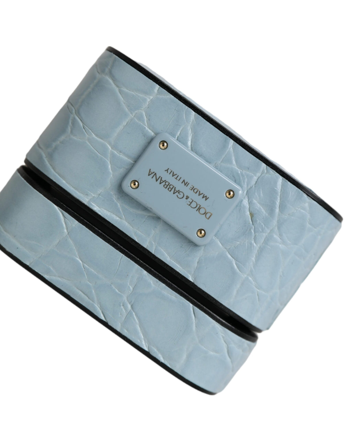 Elevate your style with the Dolce & Gabbana Light Blue Leather Airpods Case, crafted from luxurious Caiman leather, a true emblem of Italian elegance and sophistication.