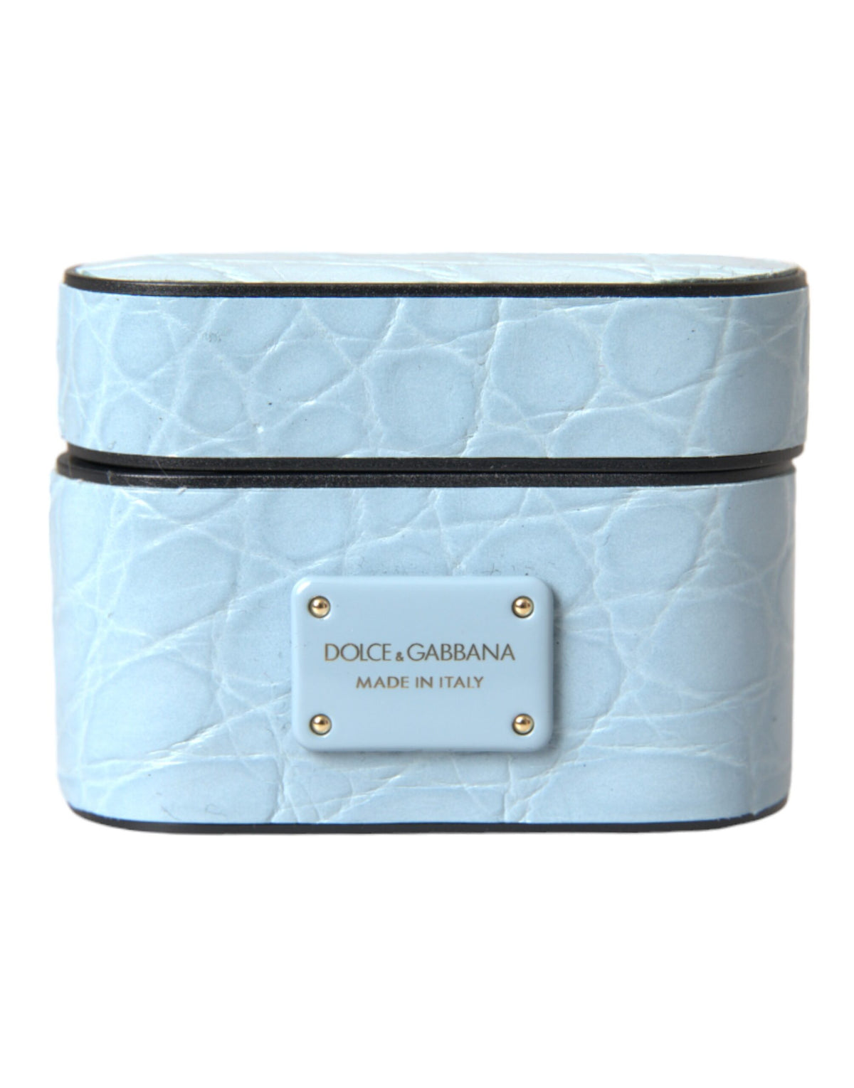 Discover the Dolce & Gabbana Light Blue Leather Airpods Case, a masterpiece of 100% Caiman Leather, blending exquisite craftsmanship with luxurious elegance for the discerning individual.