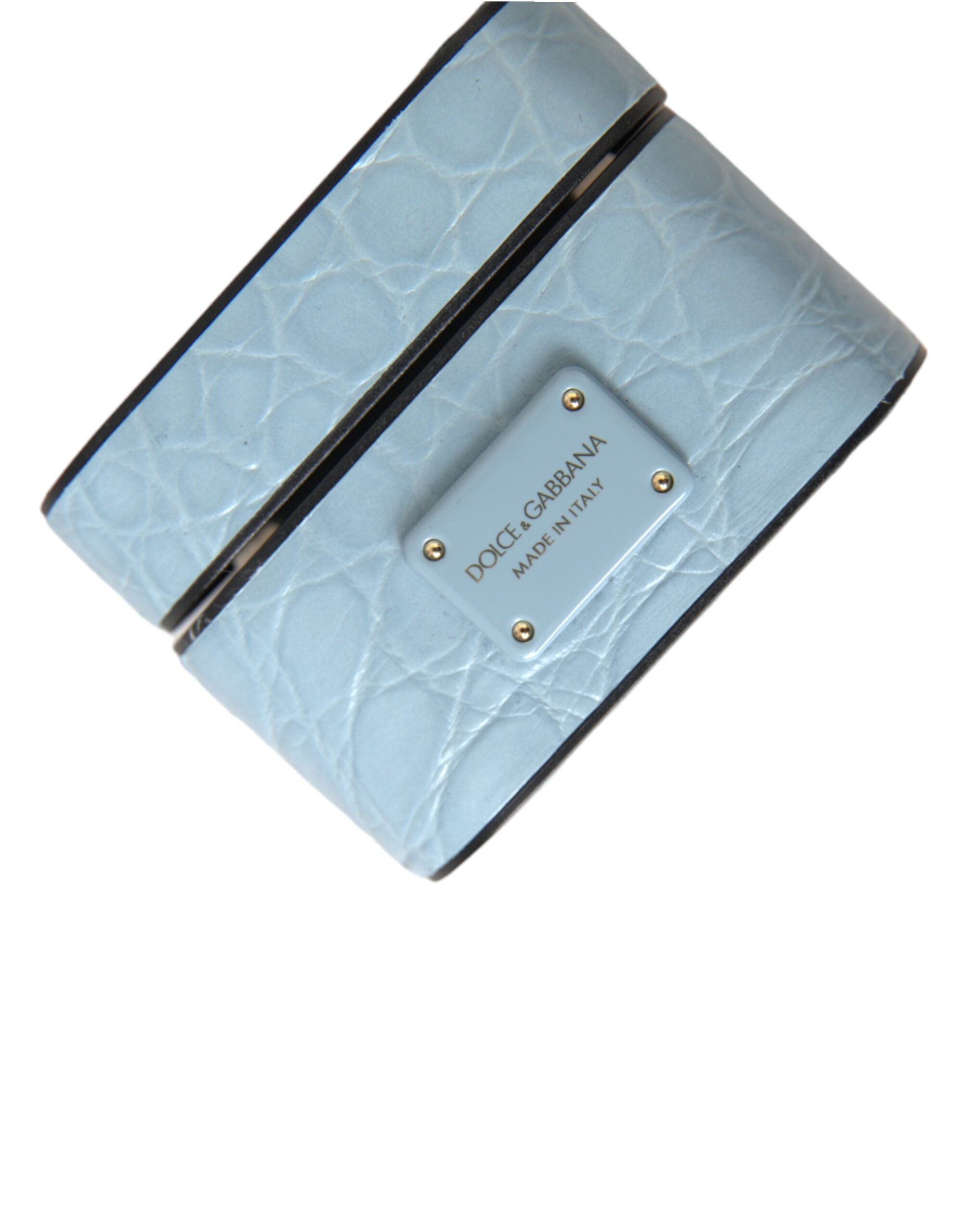Indulge in the exquisite Dolce & Gabbana Light Blue Leather Airpods Case, crafted from luxurious caiman leather, embodying elegance and sophistication for the discerning individual.