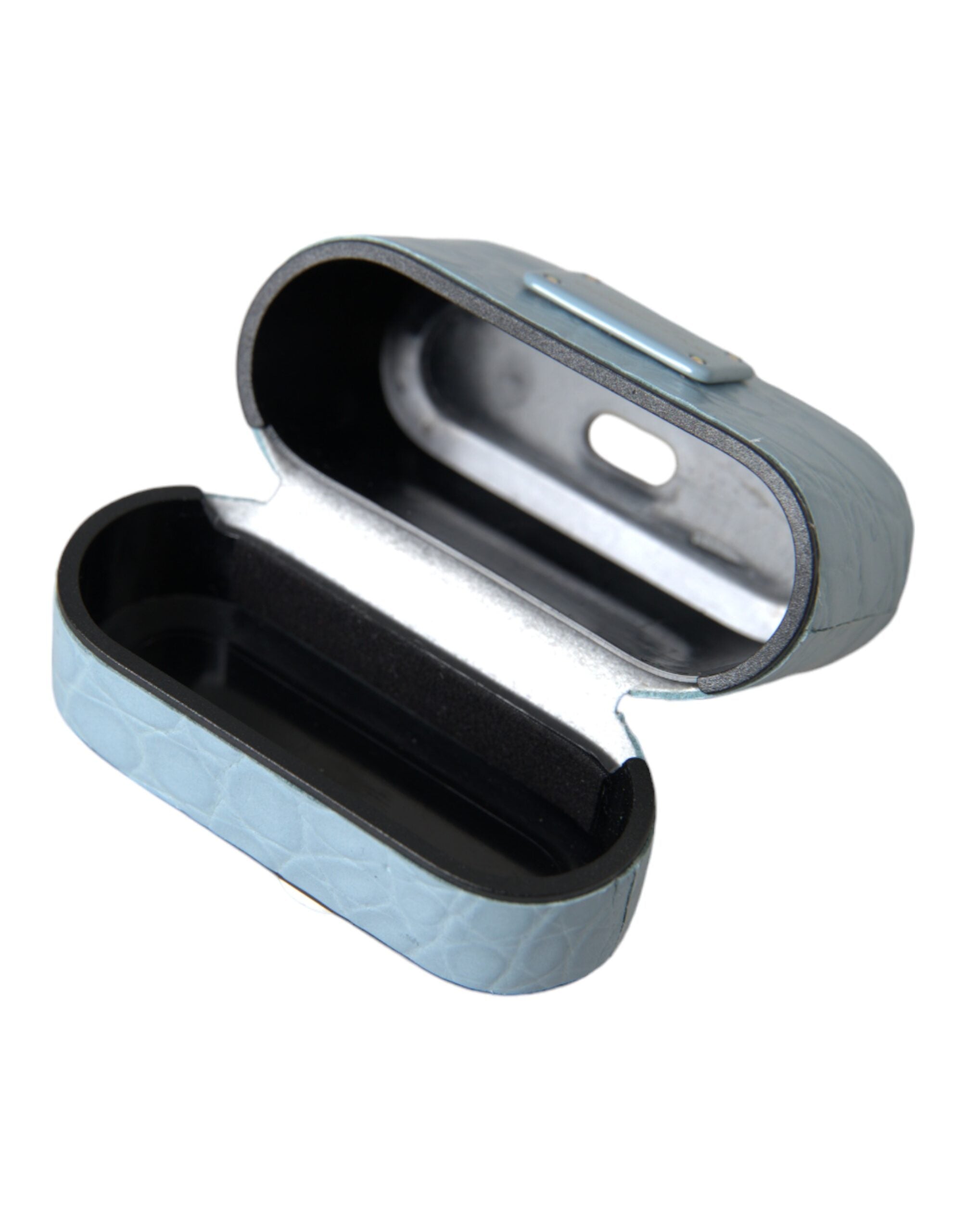 Elevate your style with the Dolce & Gabbana Light Blue Leather Airpods Case, a masterpiece in caiman leather that embodies luxury and sophistication for the discerning individual.