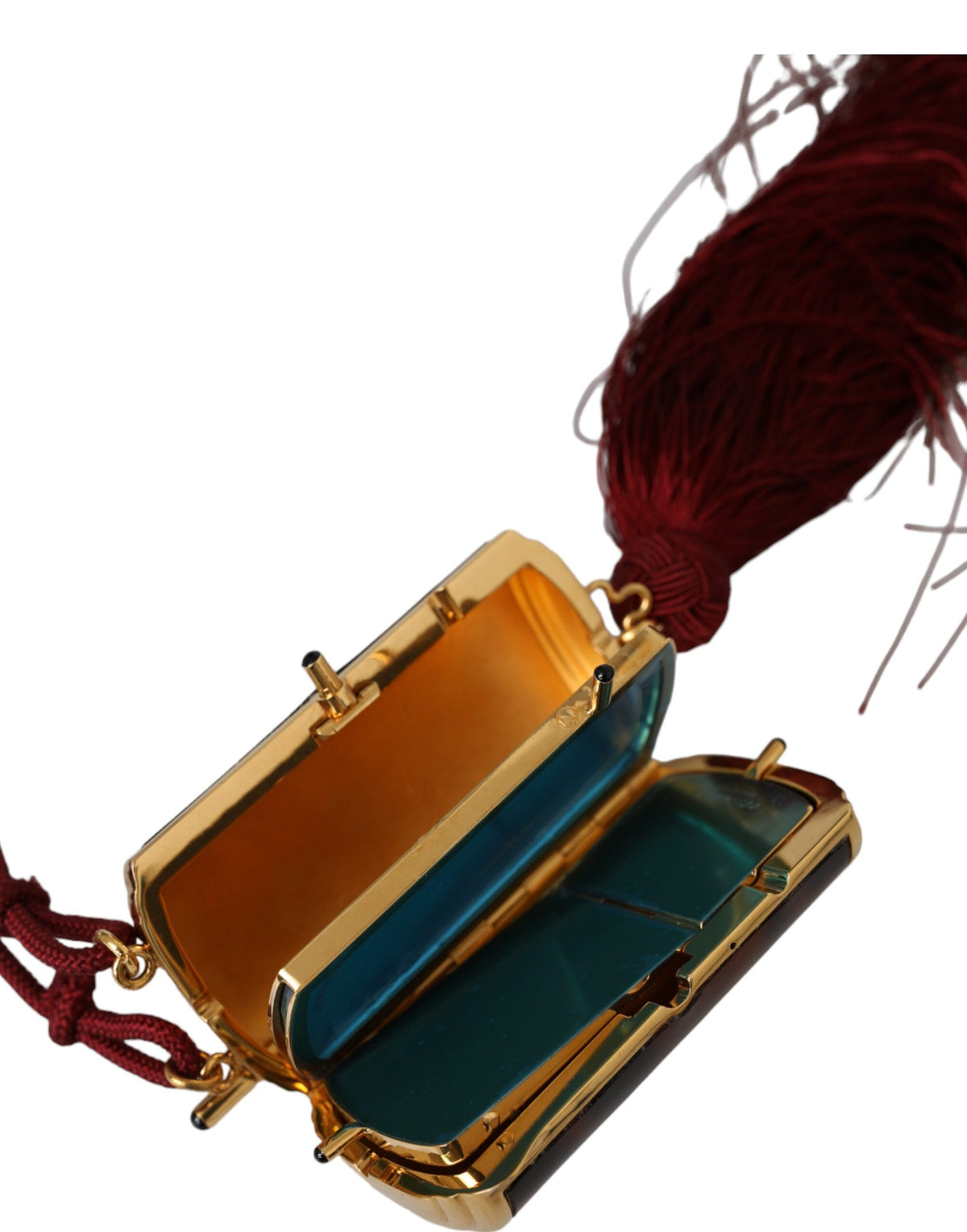 Indulge in the Dolce & Gabbana Brown Leopard Mini Mirror Tassel Make Up Holder Bag, a luxurious blend of 100% leather and gold detailing, crafted in Italy for the discerning individual.