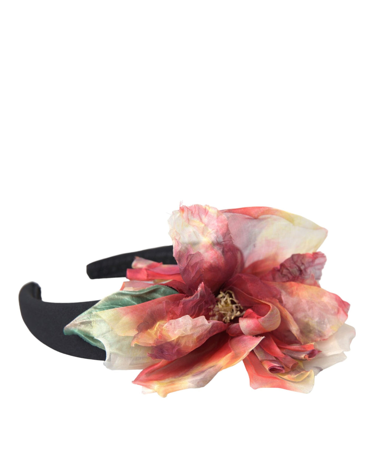 Indulge in the exquisite Dolce & Gabbana Rose Pink Silk Floral Black Tiara Diadem, a luxurious masterpiece that embodies artisanal craftsmanship and timeless elegance.