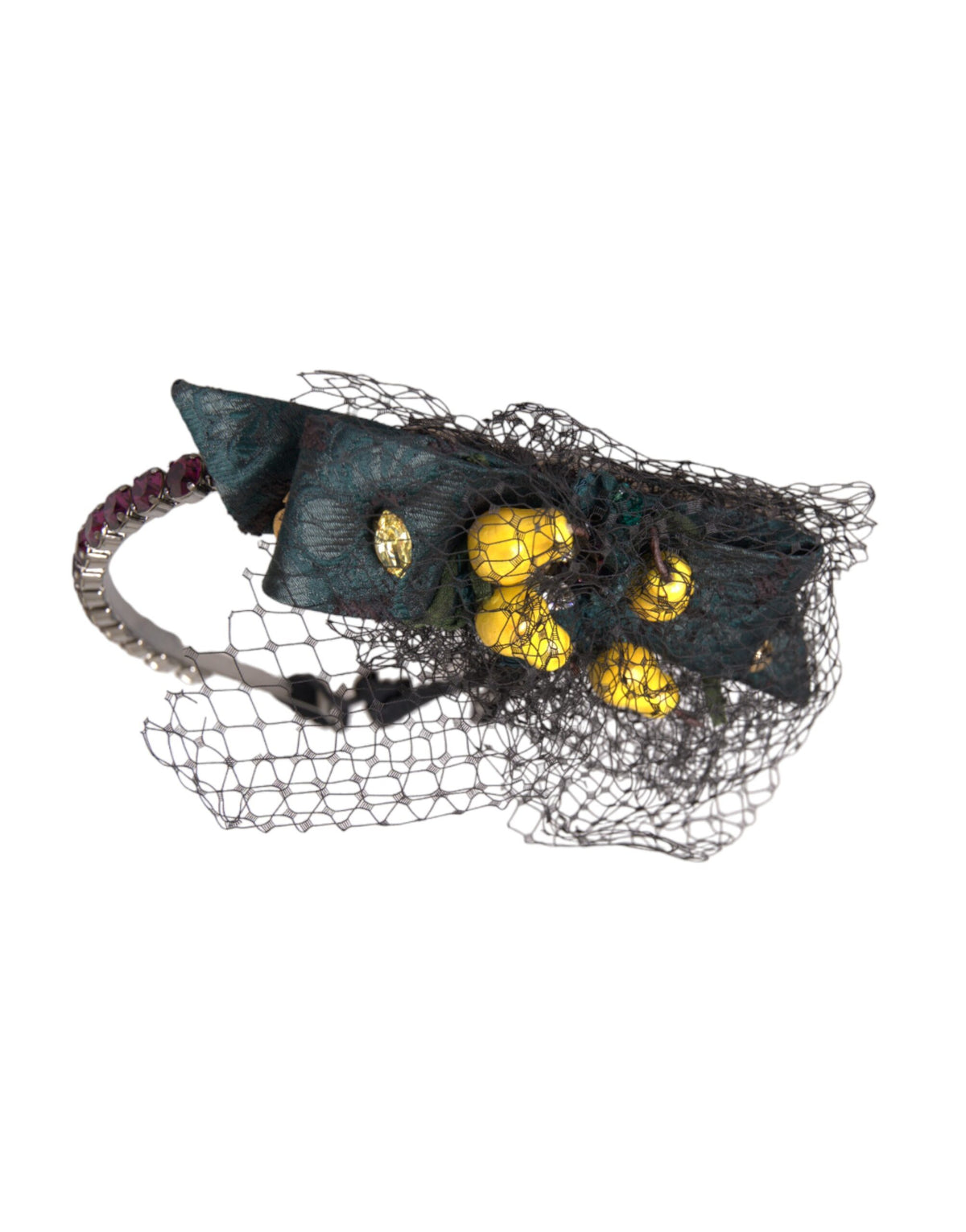Discover the Dolce & Gabbana Black Lemons Sicily Purple Crystal Net Headband Diadem, a masterpiece of Italian craftsmanship that elevates every occasion with timeless elegance.
