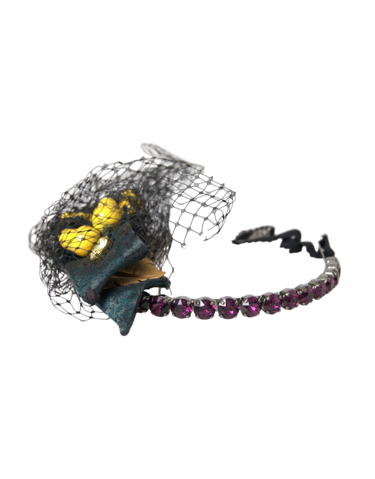 Elevate your elegance with the Dolce & Gabbana Black Lemons Sicily Purple Crystal Net Headband Diadem, a masterpiece of Italian craftsmanship that transforms any look into a statement of luxury.