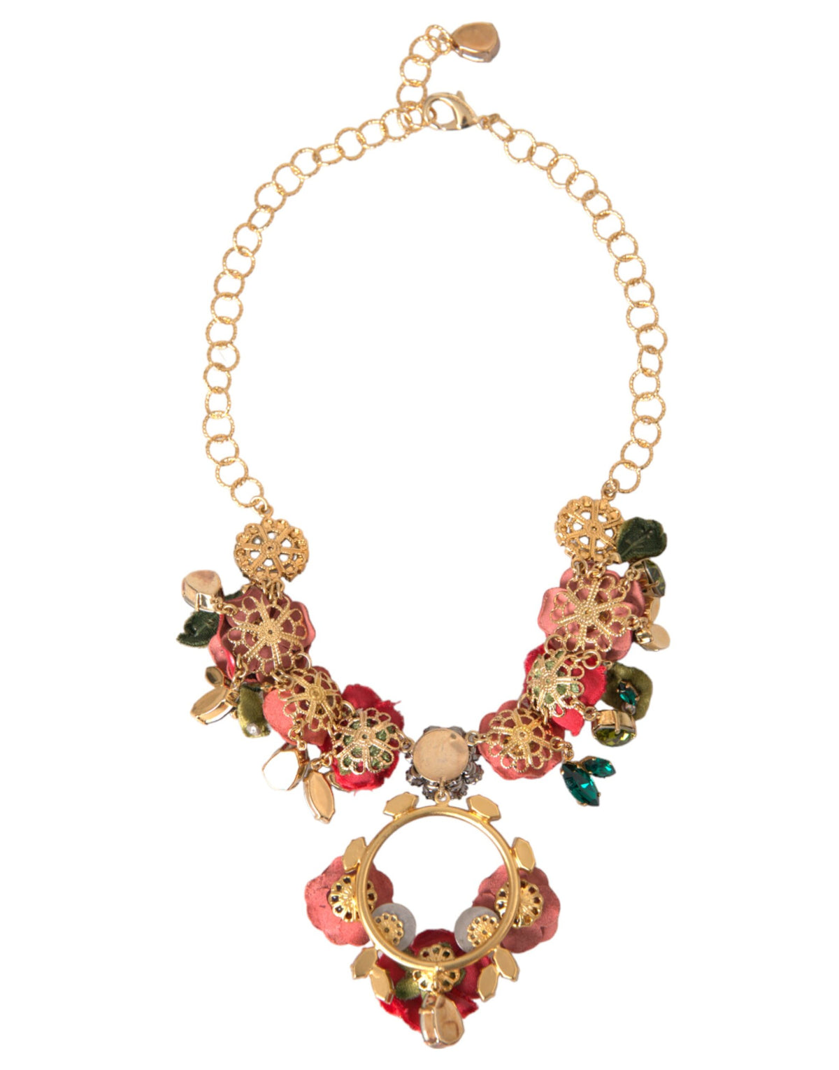 Indulge in the exquisite Dolce & Gabbana Gold Brass Link Chain RosePetal Crystal Pendant Necklace, a masterpiece of Italian craftsmanship that elevates your elegance and allure.