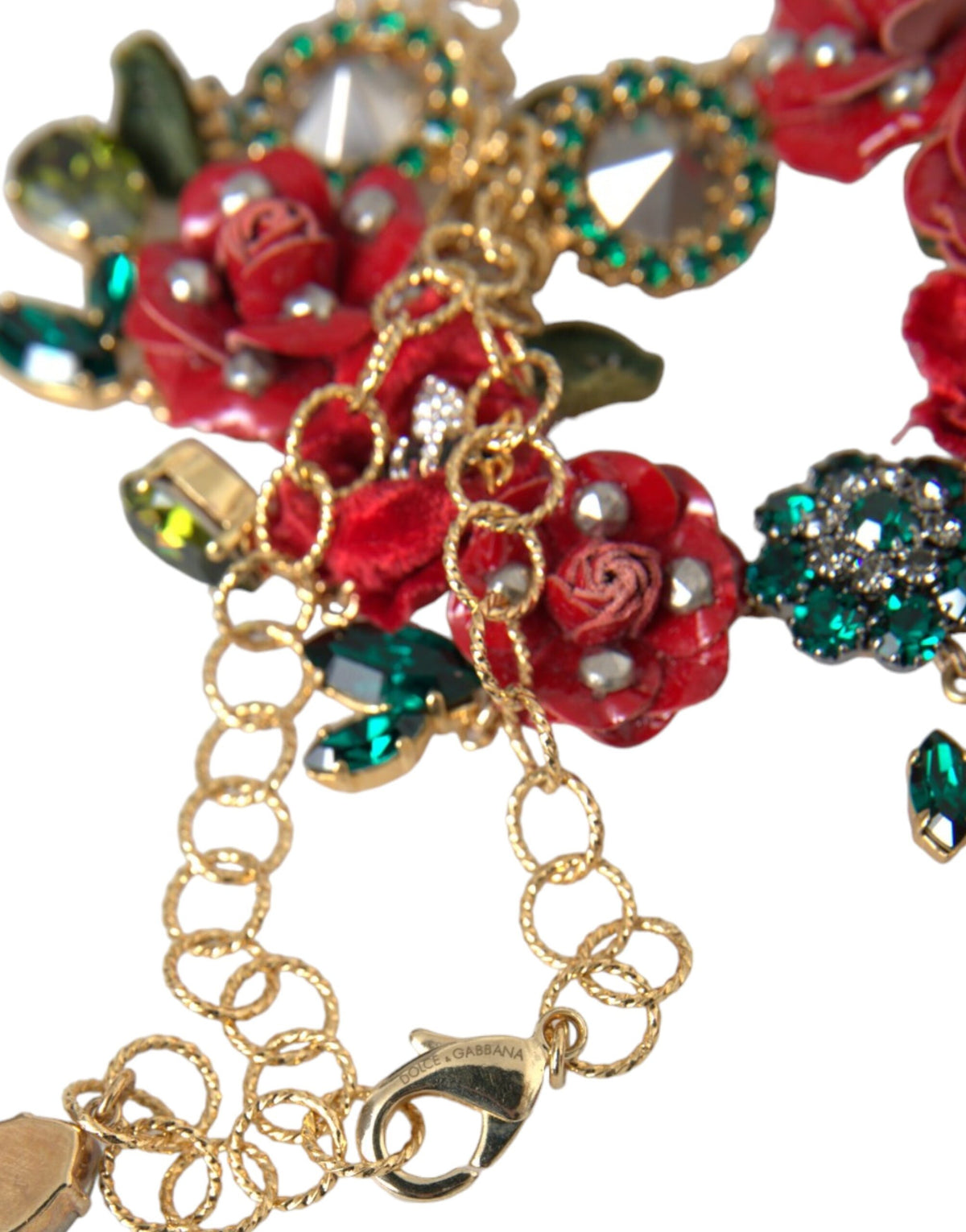 Indulge in the exquisite Dolce & Gabbana Gold Brass Link Chain RosePetal Crystal Pendant Necklace, a luxurious statement piece from the Autumn/Winter 2023 Collection, crafted in Italy with vibrant multicolor crystals for an enchanting allure.