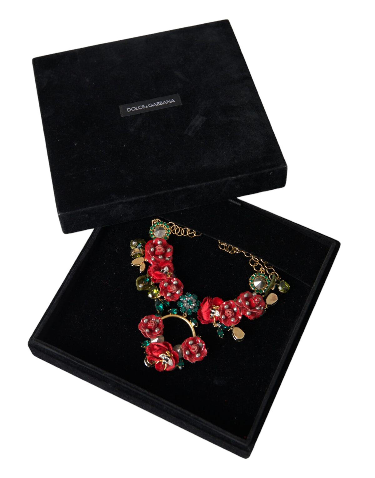 Indulge in the exquisite Dolce & Gabbana Gold Brass Link Chain RosePetal Crystal Pendant Necklace, a luxurious statement piece that embodies elegance and sophistication.