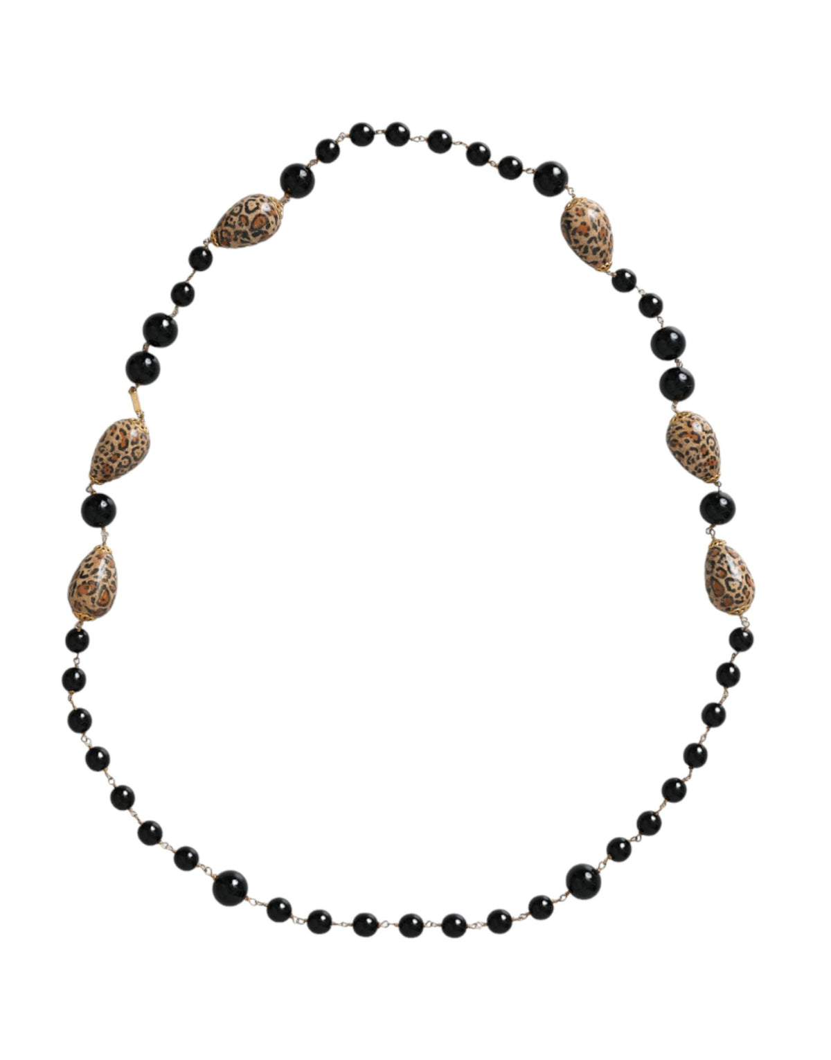 Elevate your elegance with the Dolce & Gabbana Gold Tone Brass Black Printed Beaded Long Chain Necklace, a masterpiece of Italian craftsmanship that embodies timeless luxury and sophistication.