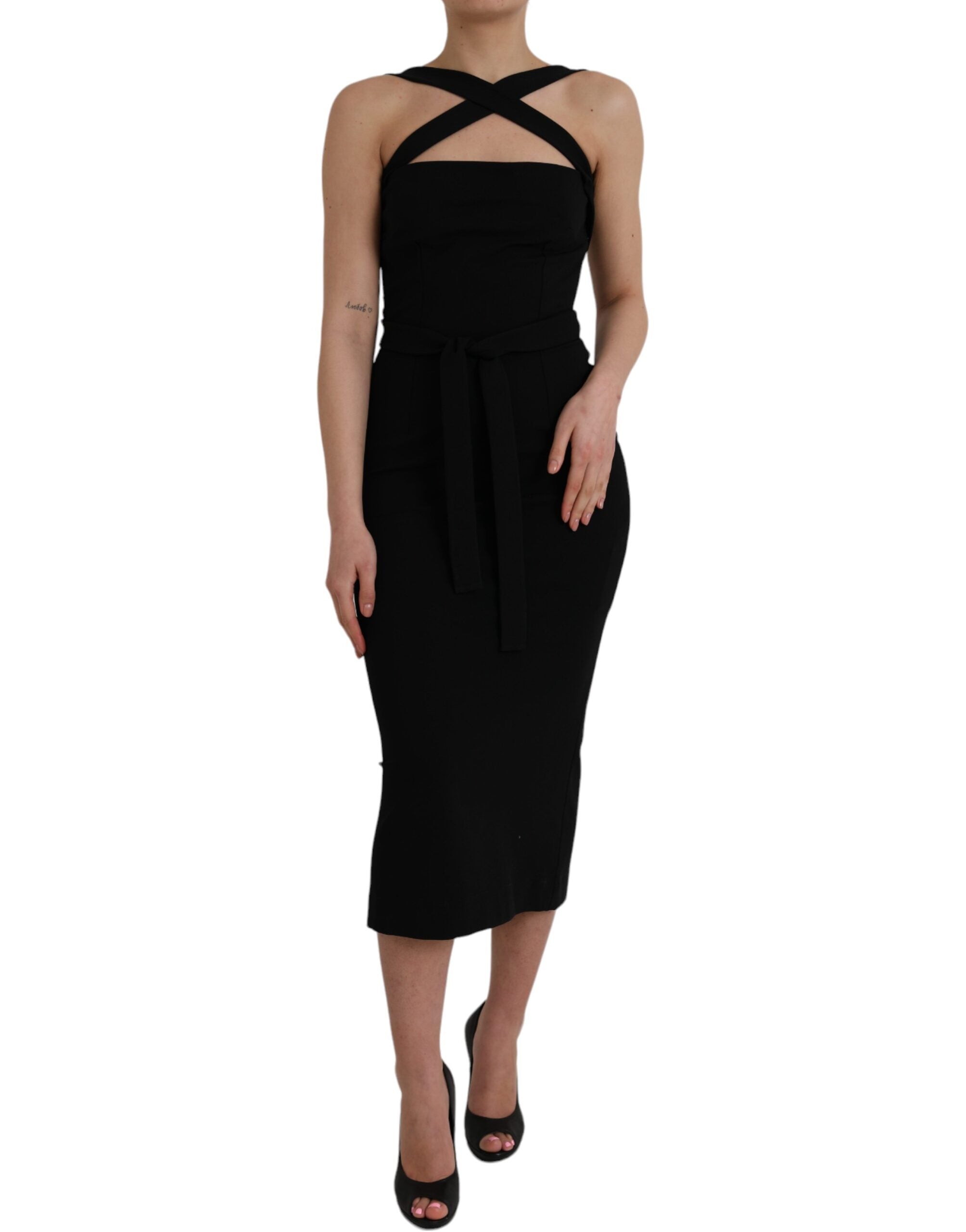 Indulge in the exquisite Dolce & Gabbana Black Sheath Halter Sleeveless Midi Dress, crafted from luxurious materials to elevate your elegance and allure for any occasion.