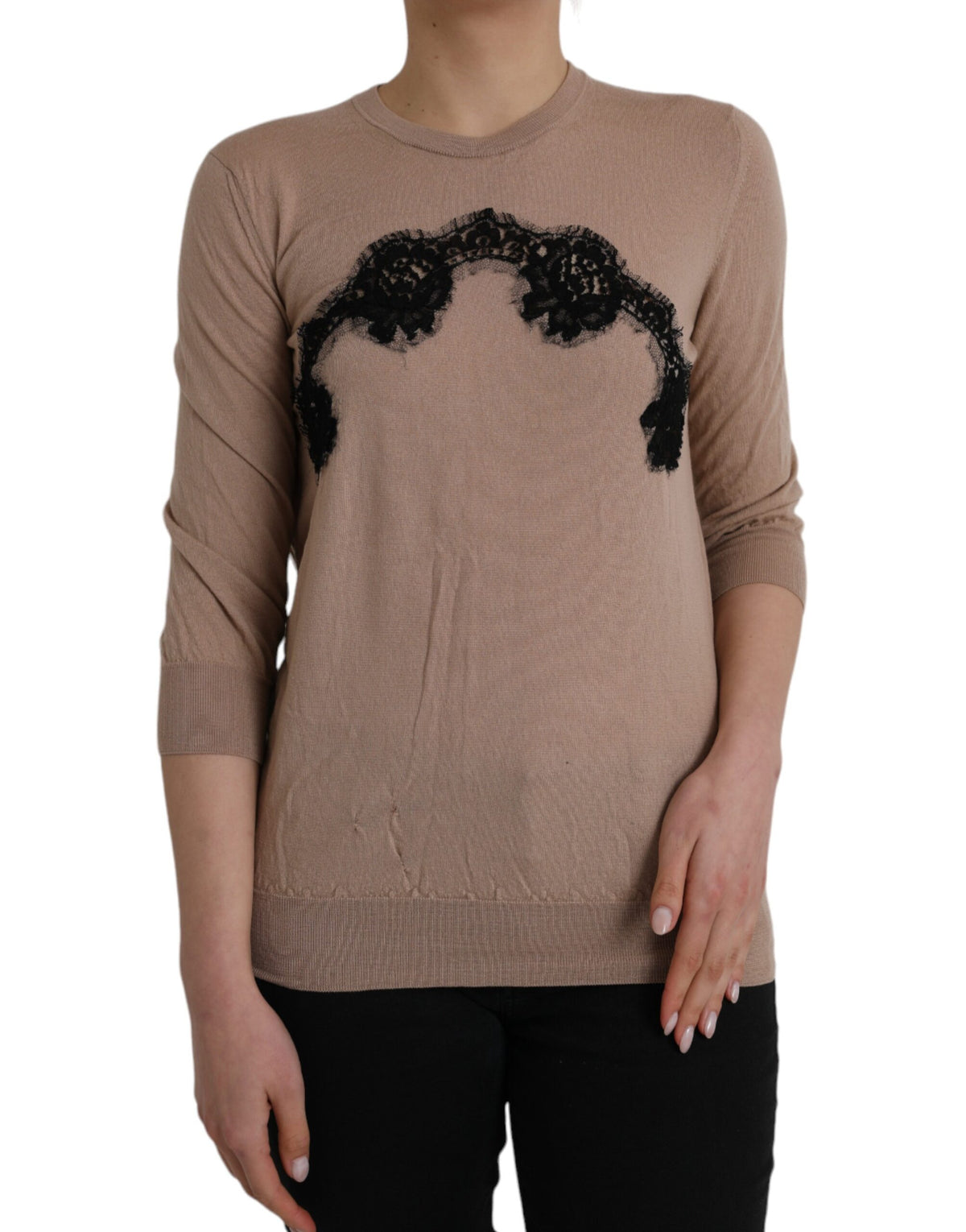 Discover the exquisite Dolce & Gabbana Brown Wool Black Lace Blouse, a masterpiece of Italian craftsmanship that embodies timeless elegance and sensual allure.