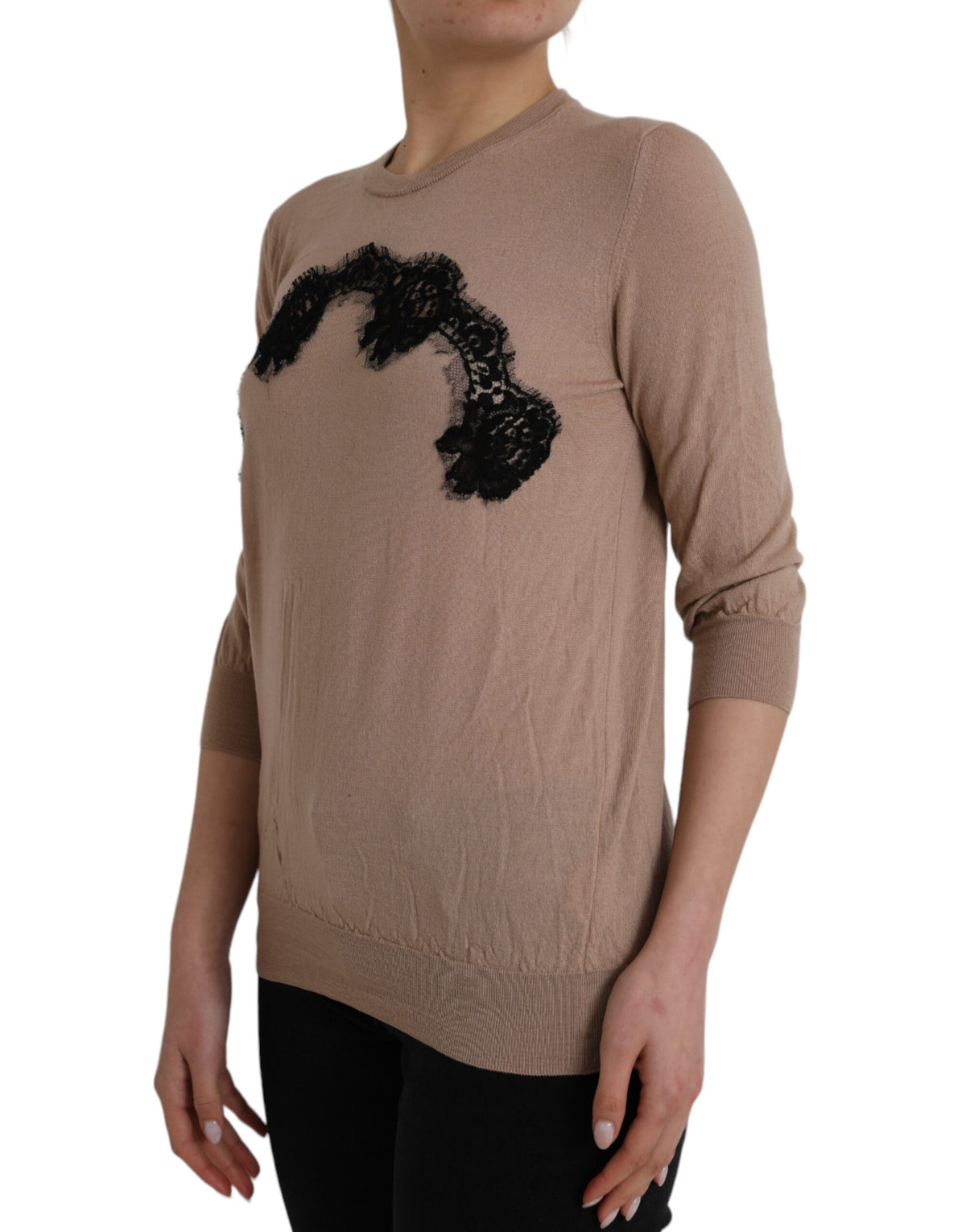 Indulge in the exquisite Dolce & Gabbana Brown Wool Black Lace Blouse, a testament to Italian craftsmanship and timeless elegance, perfect for elevating any wardrobe.