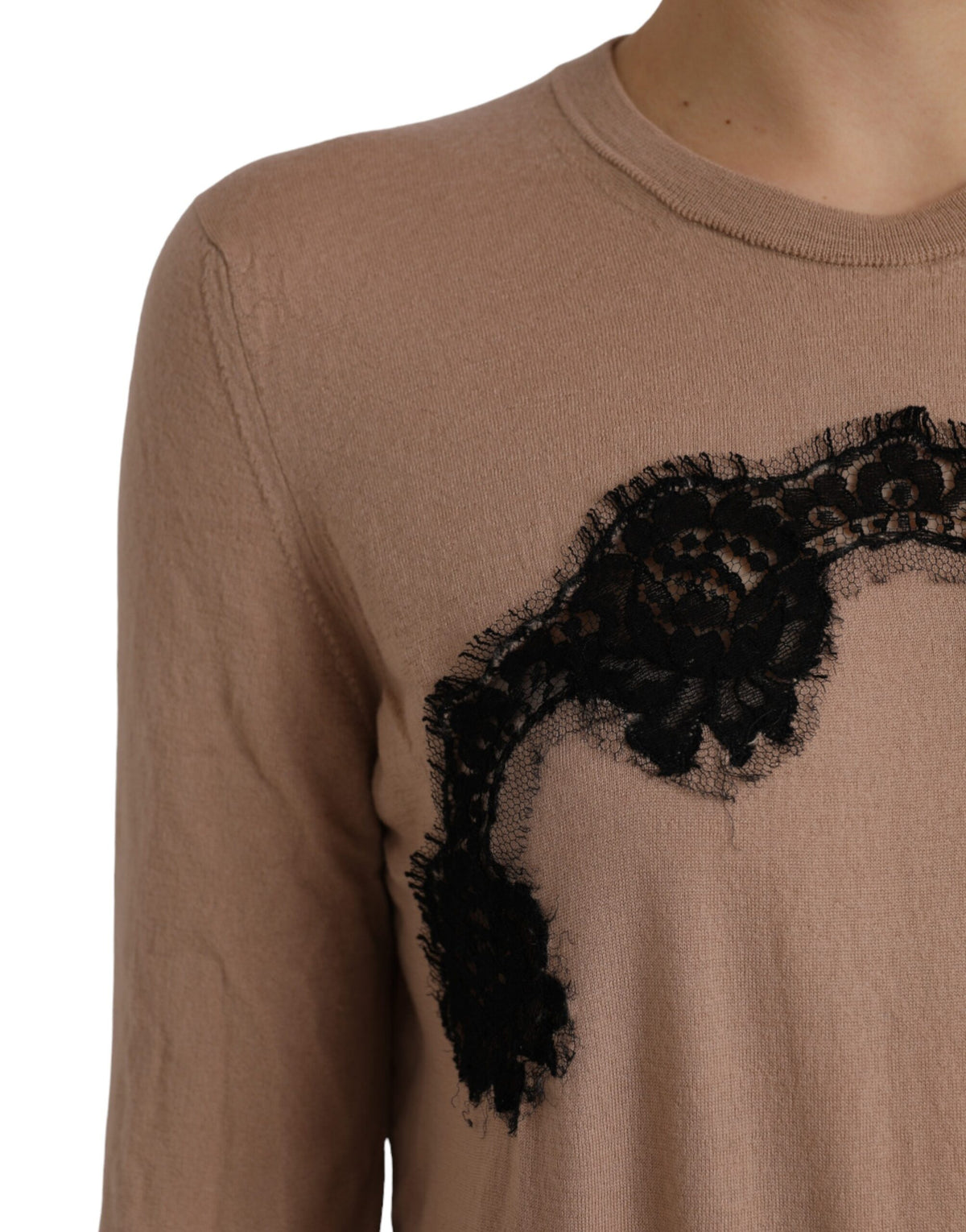 Indulge in the exquisite Dolce & Gabbana Brown Wool Black Lace Blouse, a masterpiece of Italian craftsmanship that embodies timeless elegance and sophisticated allure.