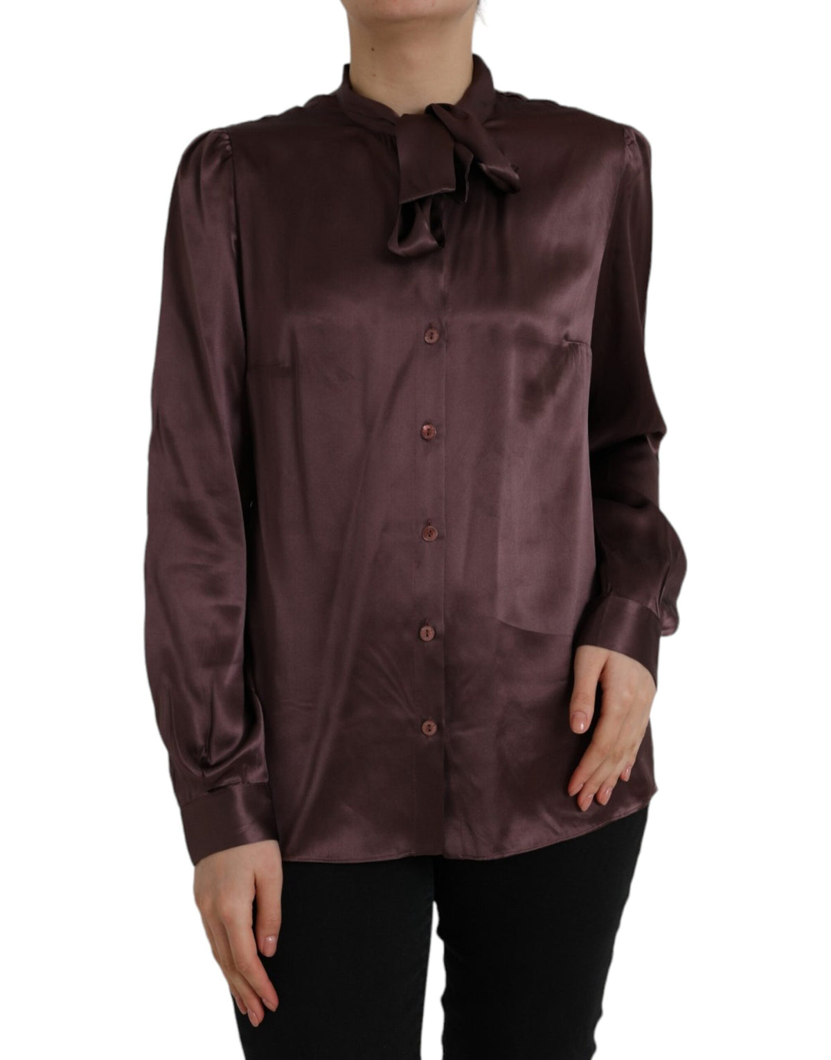 Elevate your wardrobe with the Dolce & Gabbana Brown Ascot Collar Long Sleeve Top Blouse, a masterpiece in silk that embodies timeless elegance and sophisticated allure.