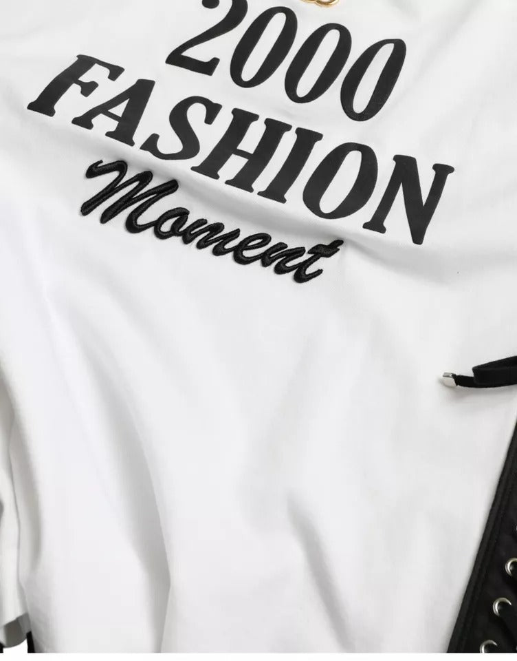 Elevate your wardrobe with the Dolce & Gabbana White Slogan Print Lacing Detailed T-shirt, a luxurious blend of exquisite craftsmanship and timeless design, perfect for any occasion.