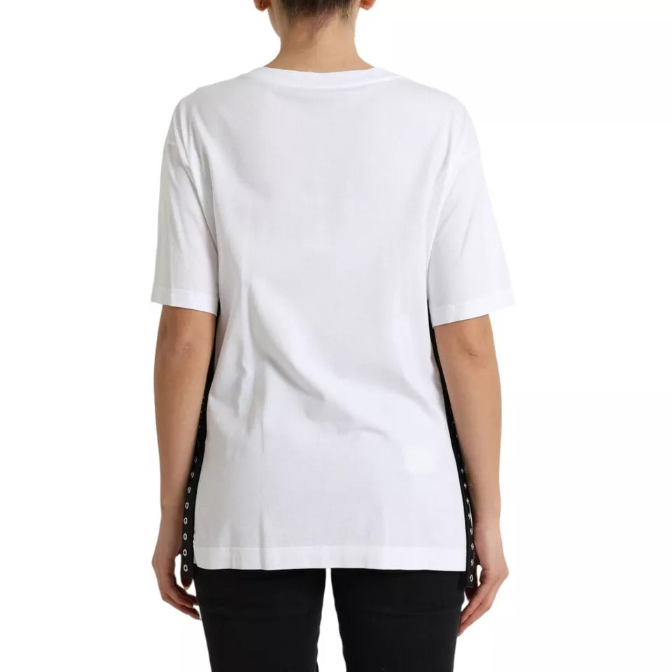 Elevate your wardrobe with the Dolce & Gabbana White Slogan Print Lacing Detailed T-shirt, a luxurious blend of 100% cotton and exquisite Italian craftsmanship, perfect for the discerning individual.