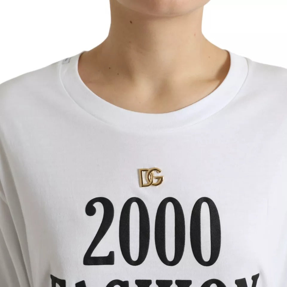 Indulge in the allure of Dolce & Gabbana's White Slogan Print Lacing Detailed T-shirt, a luxurious 100% cotton piece that embodies Italian craftsmanship and timeless elegance.