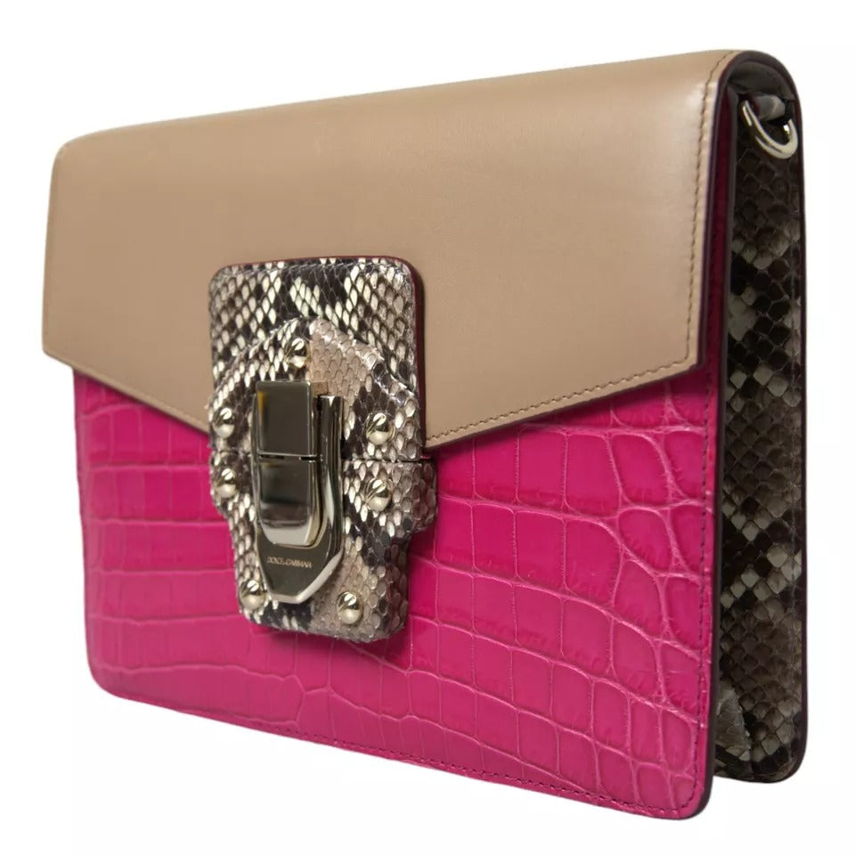 Indulge in the exquisite Dolce & Gabbana Multicolor Leather LUCIA Shoulder Bag, a masterpiece of artisanal craftsmanship blending crocodile, python, and calf leather for timeless elegance.