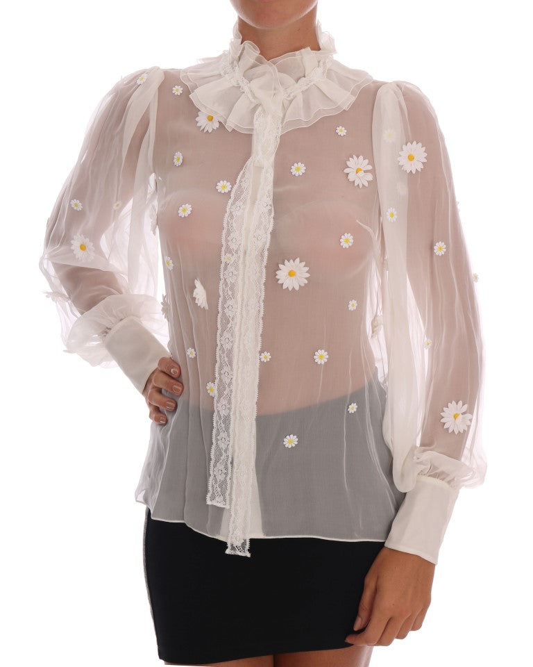 Indulge in the exquisite Dolce & Gabbana White Daisy Applique Silk Shirt from the SICILY collection, where luxurious silk and intricate craftsmanship embody timeless elegance.