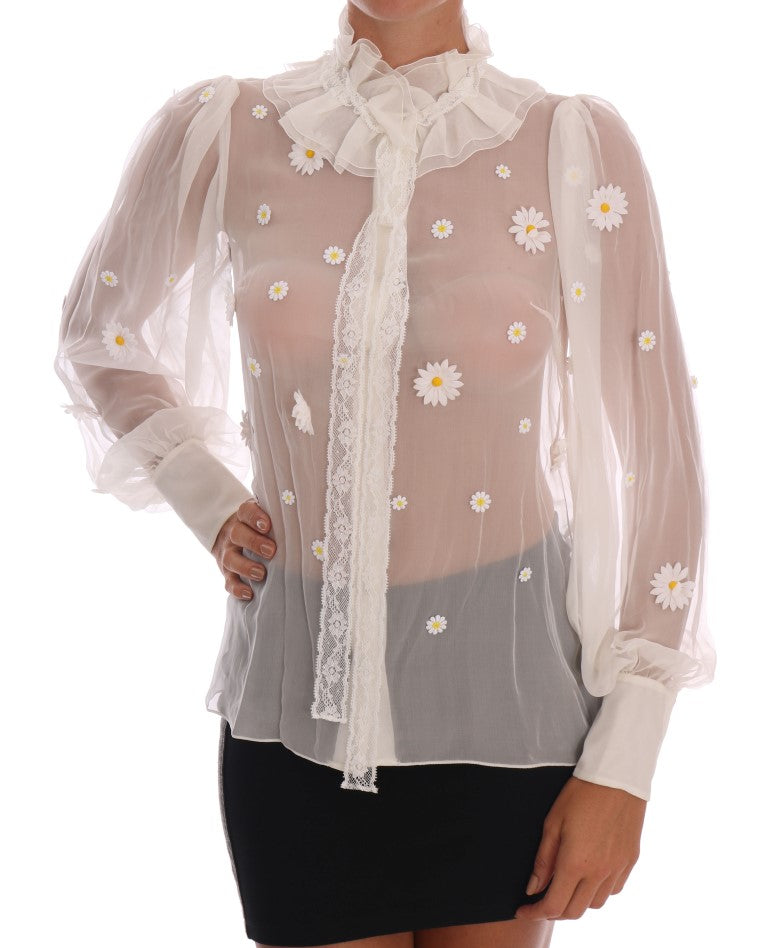 Indulge in the exquisite Dolce & Gabbana White Daisy Applique Silk Shirt from the SICILY collection, where luxurious silk and Italian craftsmanship elevate your elegance.