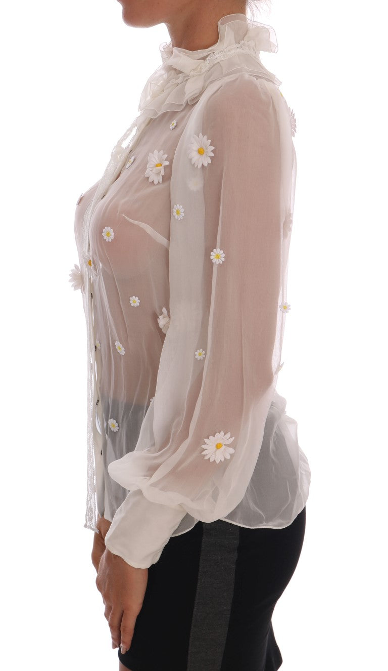 Indulge in the exquisite Dolce & Gabbana White Daisy Applique Silk Shirt from the SICILY collection, a timeless embodiment of Italian elegance and artistry.