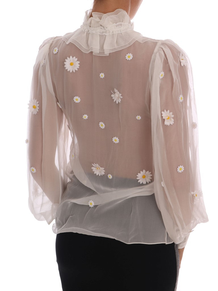 Indulge in the Dolce & Gabbana White Daisy Applique Silk Shirt from the SICILY collection, where exquisite silk and Italian craftsmanship elevate your elegance and allure.