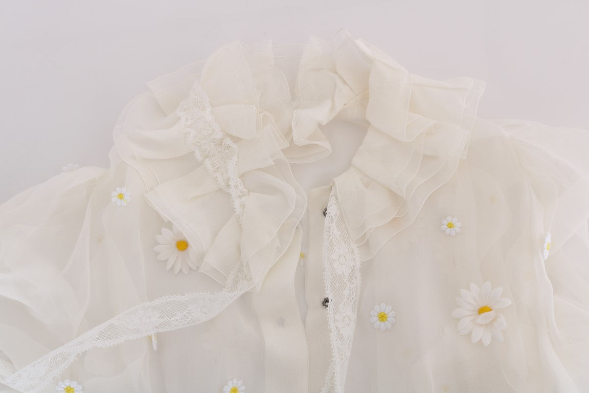 Elevate your wardrobe with the Dolce & Gabbana White Daisy Applique Silk Shirt from the SICILY collection, a masterpiece of Italian craftsmanship in luxurious silk.