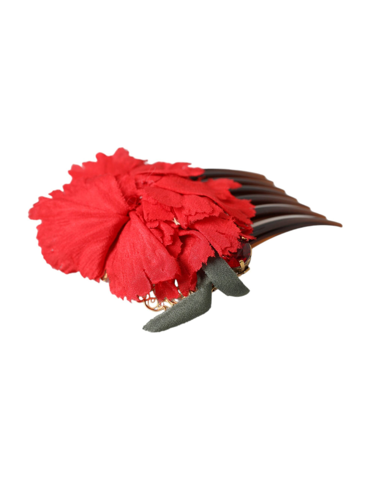 Elevate your elegance with the Dolce & Gabbana Red Silk Floral Gold Brass Hair Comb, a masterpiece of Italian craftsmanship that transforms any hairstyle into a luxurious statement.