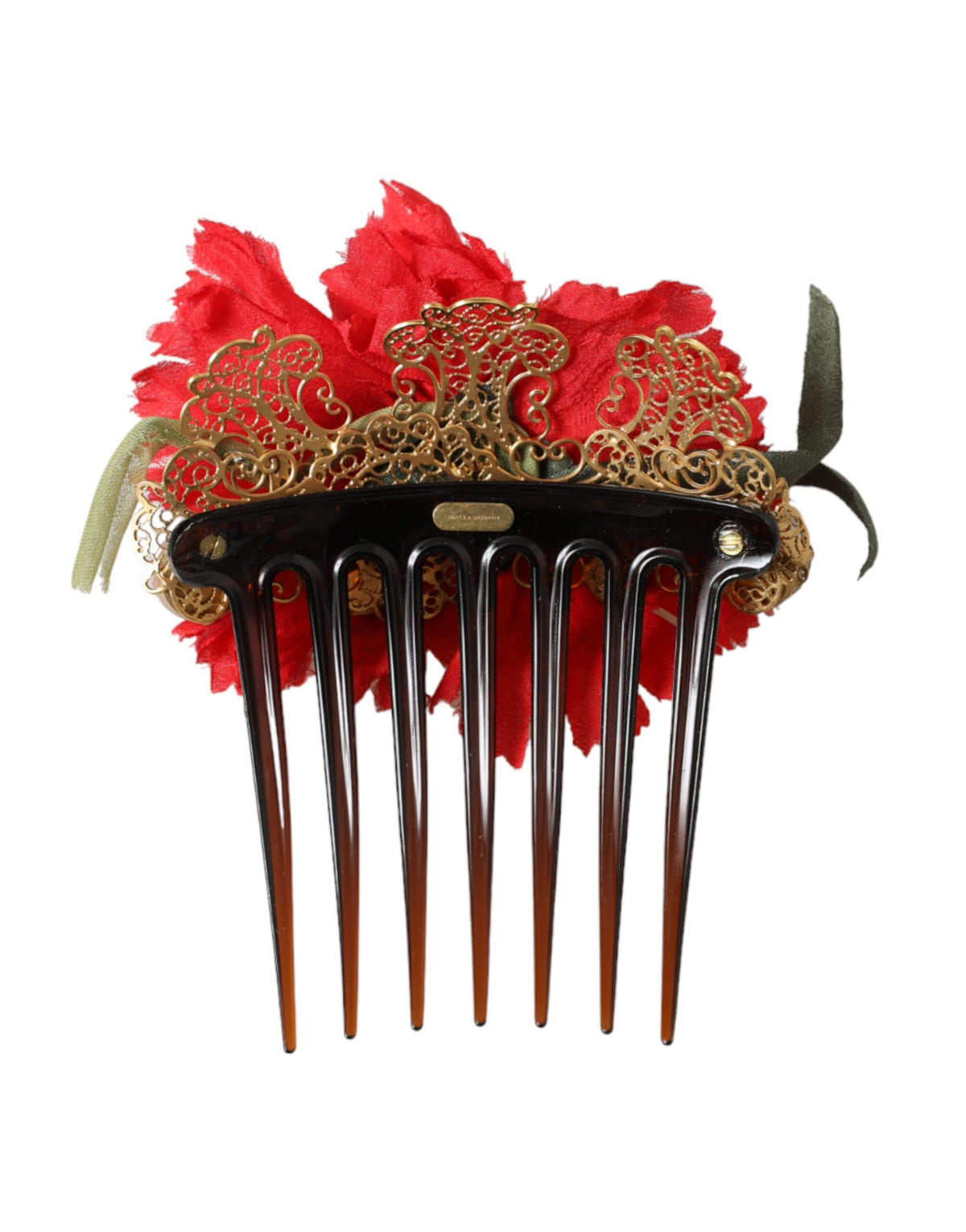 Discover the Dolce & Gabbana Red Silk Floral Gold Brass Hair Comb, a masterpiece of Italian craftsmanship that elevates elegance and allure for the discerning individual.