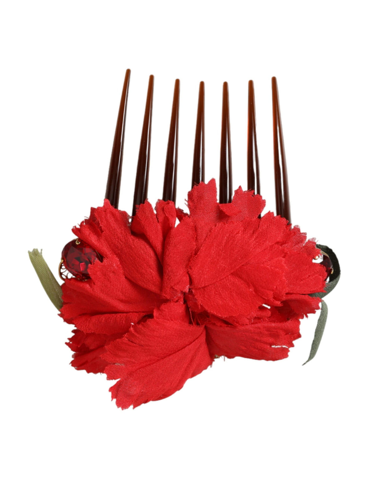 Discover the Dolce & Gabbana Red Silk Floral Gold Brass Hair Comb, a masterpiece of Italian craftsmanship that elevates elegance and allure for the discerning individual.