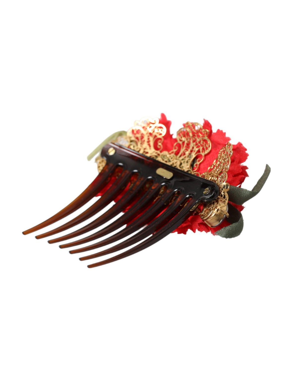 Elevate your elegance with the Dolce & Gabbana Red Silk Floral Gold Brass Hair Comb, a masterpiece of Italian craftsmanship that embodies timeless luxury and allure.