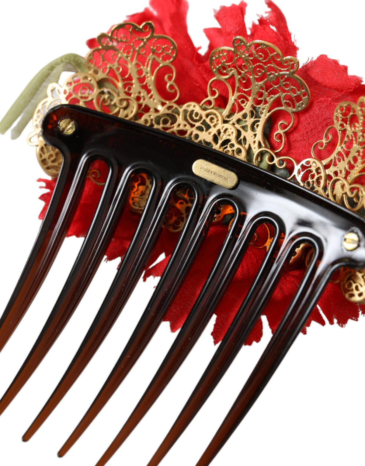 Elevate your elegance with the Dolce & Gabbana Red Silk Floral Gold Brass Hair Comb, a masterpiece of Italian craftsmanship that embodies timeless luxury and allure.