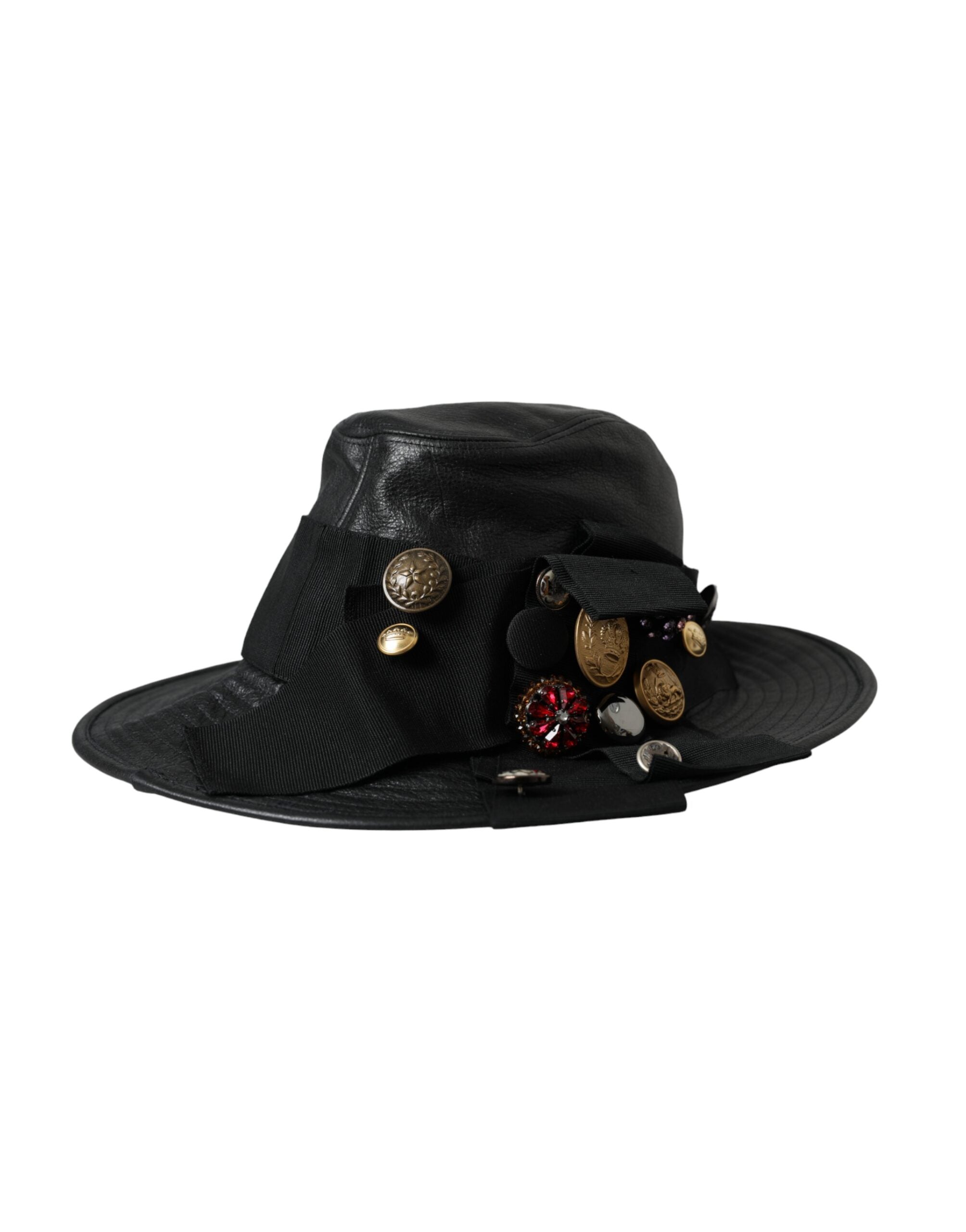 Elevate your style with the Dolce & Gabbana Black Leather DG Coin Crystal Wide Brim Hat, a masterpiece of Italian craftsmanship that embodies timeless elegance and luxurious allure.