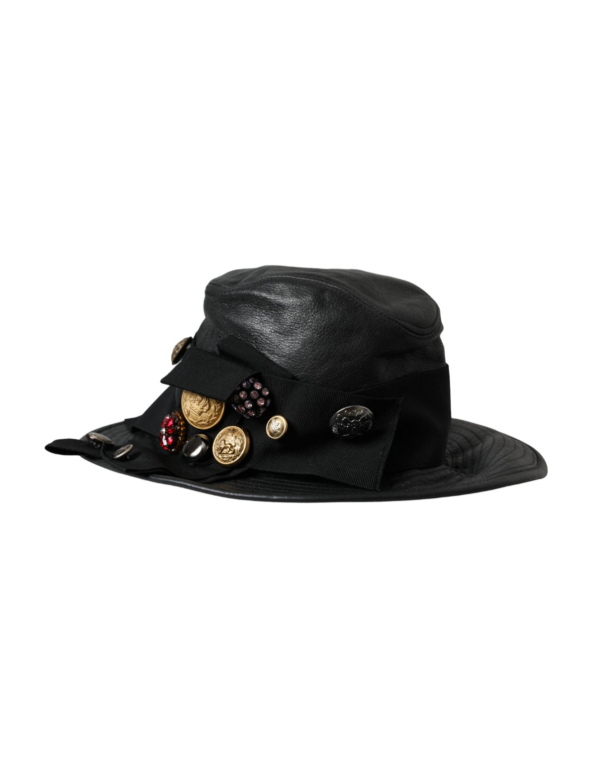 Elevate your style with the Dolce & Gabbana Black Leather DG Coin Crystal Wide Brim Hat, a masterpiece of Italian craftsmanship that embodies timeless elegance and luxurious allure.