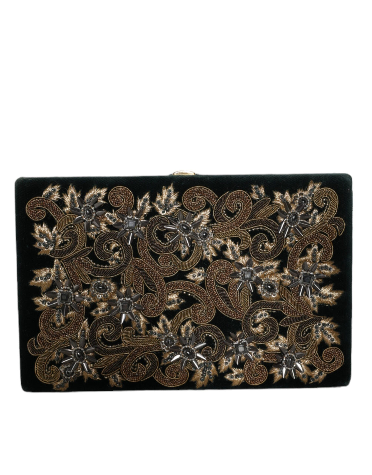 Indulge in the exquisite Dolce & Gabbana Black Velvet Gold Frame Clutch, a testament to Italian artistry that elevates your elegance and sophistication for any occasion.