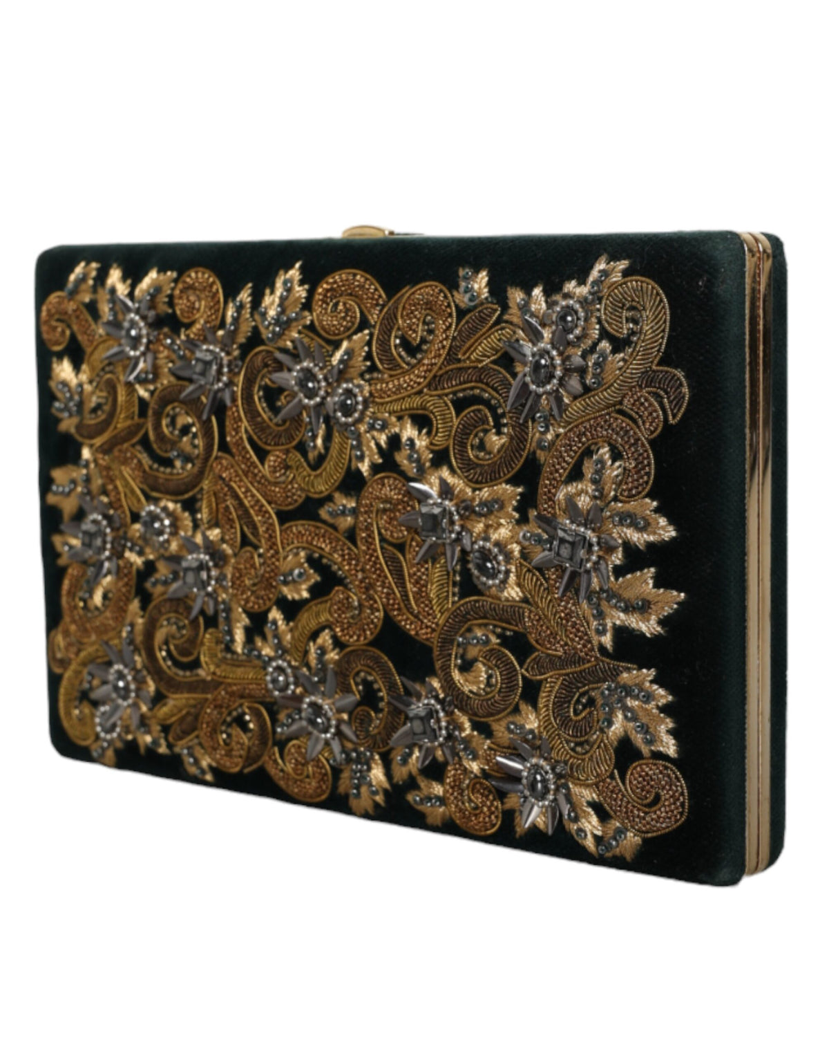 Indulge in the exquisite Dolce & Gabbana Black Velvet Gold Frame Clutch, a masterpiece of Italian craftsmanship that elevates your evening allure with timeless elegance.