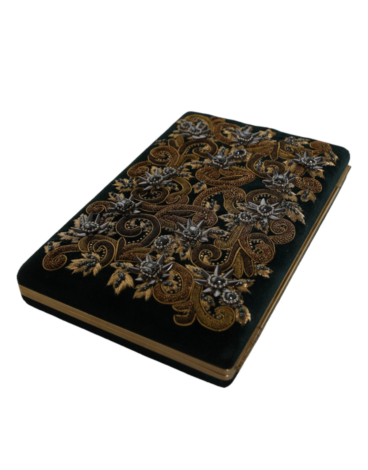 Indulge in the exquisite Dolce & Gabbana Black Velvet Gold Frame Clutch, a masterpiece of Italian craftsmanship that embodies luxury and sophistication for every elegant occasion.