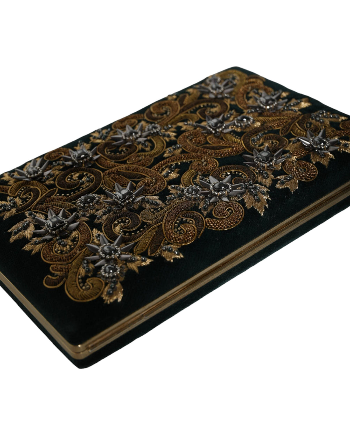 Indulge in the exquisite Dolce & Gabbana Black Velvet Gold Frame Clutch, a masterpiece of Italian craftsmanship that elevates your evening attire with opulent sophistication.