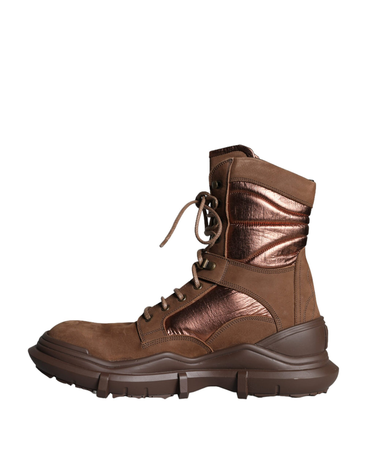 Indulge in the exquisite Dolce & Gabbana Brown Suede Leather Military Combat Boots, where luxury craftsmanship meets modern elegance, perfect for the discerning connoisseur.