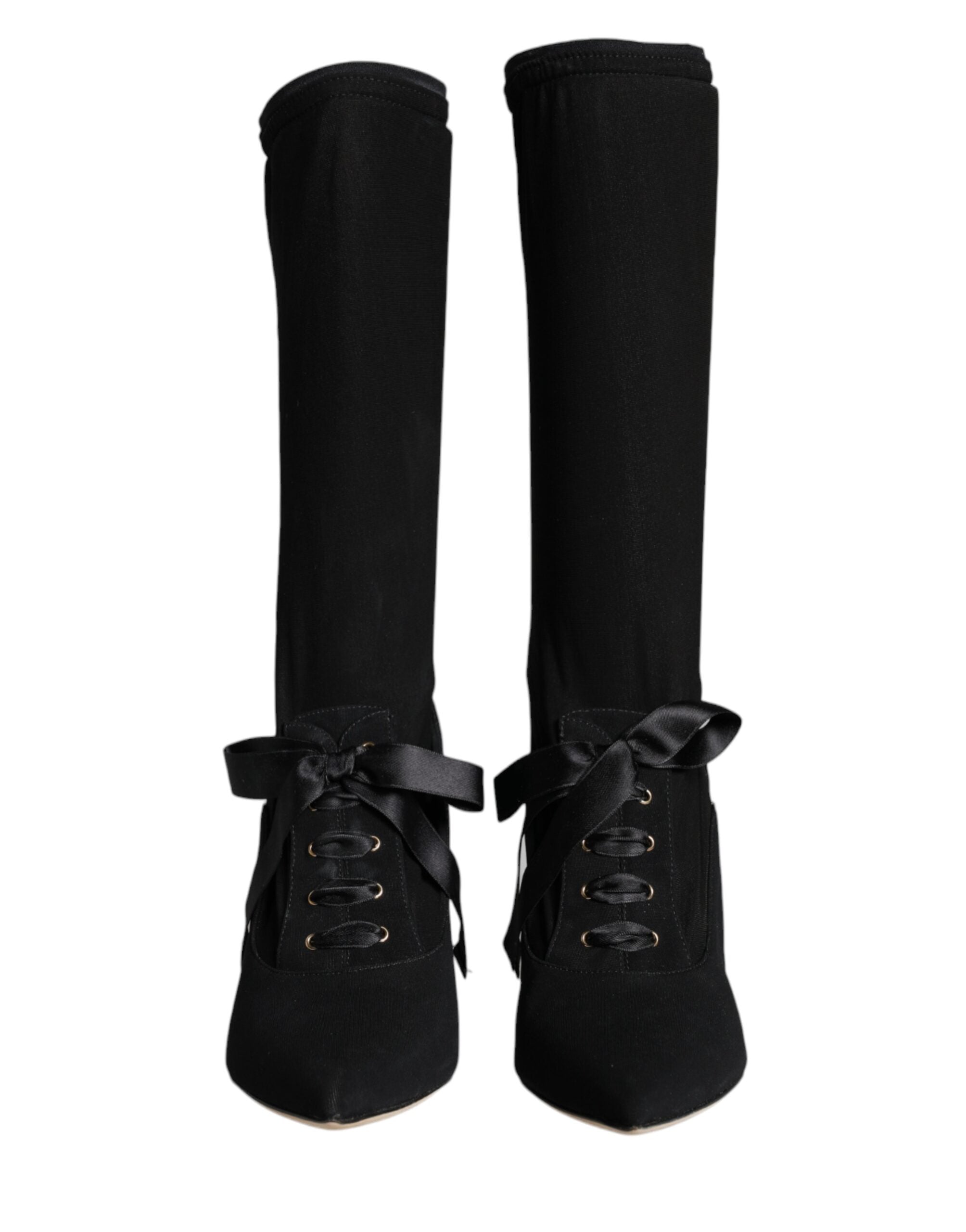Elevate your style with Dolce & Gabbana's Black Stiletto Heels Mid Calf Boots, crafted in Italy from luxurious viscose and elastane for an exquisite, timeless allure.