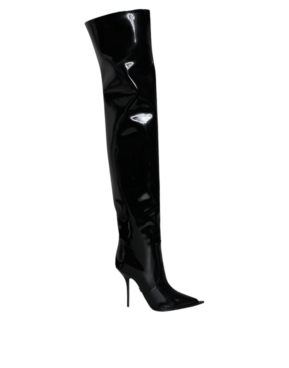 Elevate your style with Dolce & Gabbana's Black Patent Leather Knee High Boots, where exquisite craftsmanship meets timeless elegance, perfect for any sophisticated occasion.