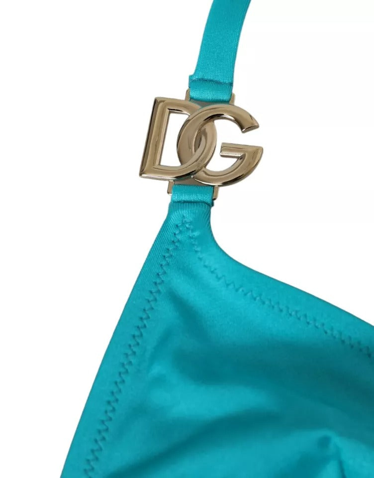 Elevate your beachwear with the Dolce & Gabbana Blue Green Halter Bikini Top, a luxurious blend of nylon and elastane, embodying summer elegance and sophistication.