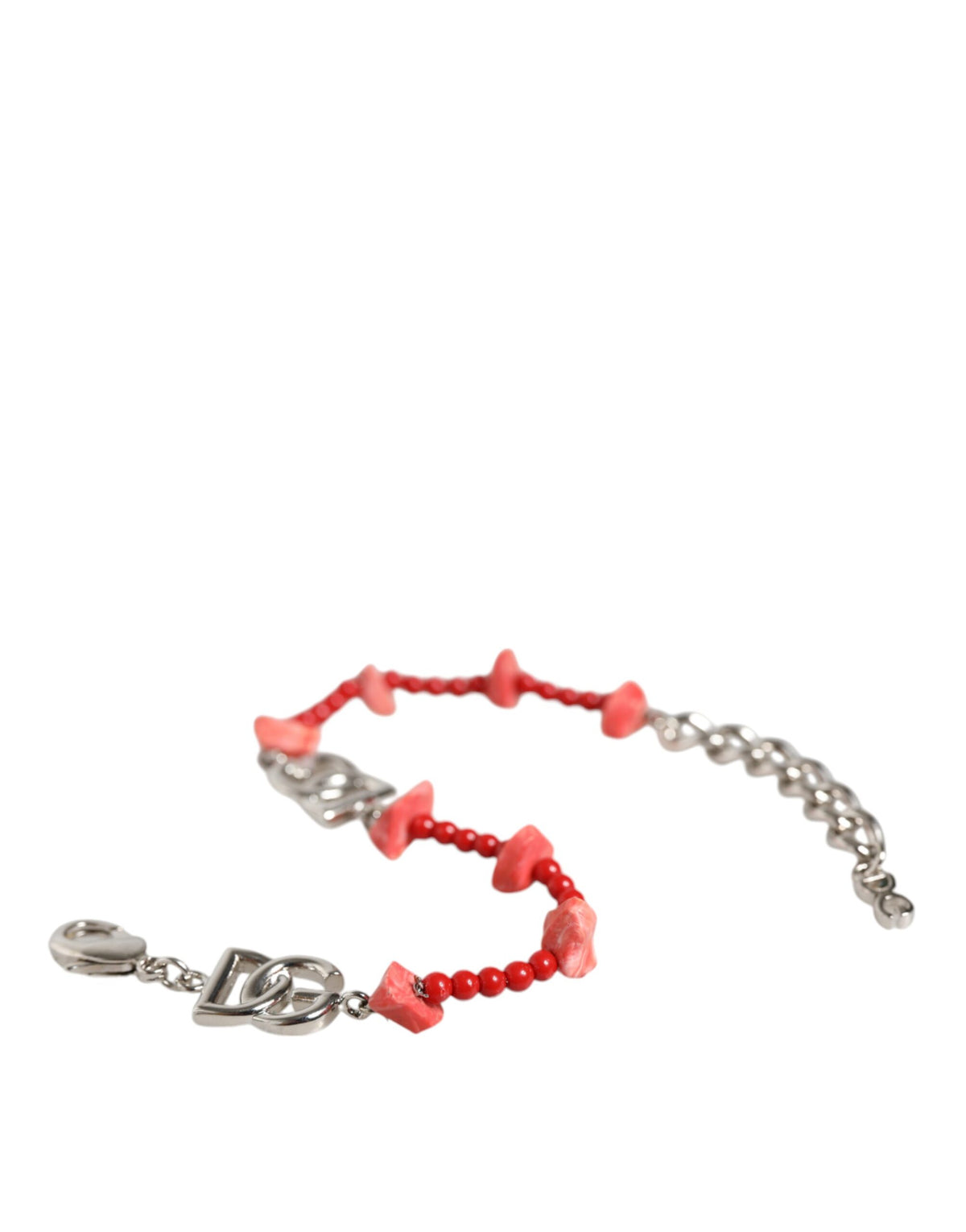 Elevate your style with the Dolce & Gabbana Silver Tone Brass Beaded Resin DG Logo Chain Bracelet, a masterpiece of exquisite craftsmanship that embodies timeless elegance and sophistication.