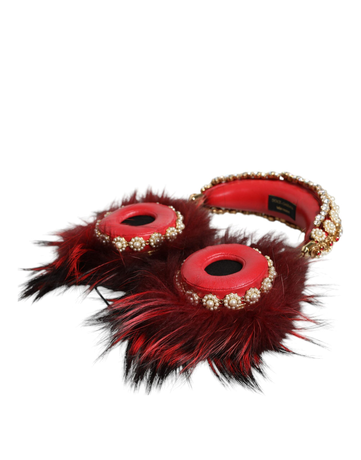 Indulge in the exquisite Dolce & Gabbana Red Gold Crystal Fur Headset, where luxurious craftsmanship meets opulent design, elevating your audio experience to new heights.