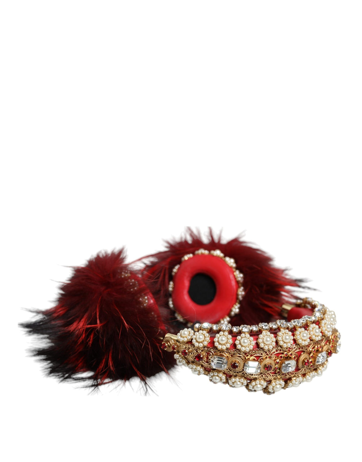 Indulge in the opulence of Dolce & Gabbana's Red Gold Crystal Fur Headset, a masterpiece of Italian craftsmanship that elevates your audio experience with luxurious elegance.