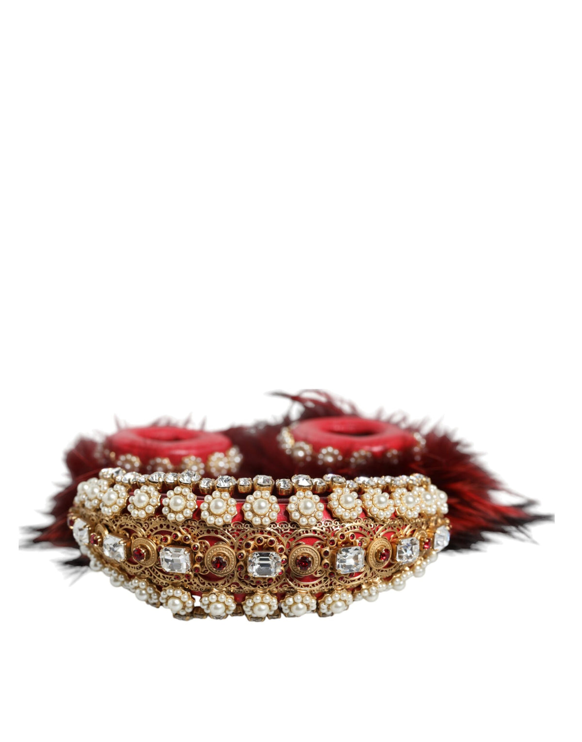 Indulge in the opulent allure of Dolce & Gabbana's Red Gold Crystal Fur Headset, a masterpiece of Italian craftsmanship that elevates your audio experience with exquisite elegance.