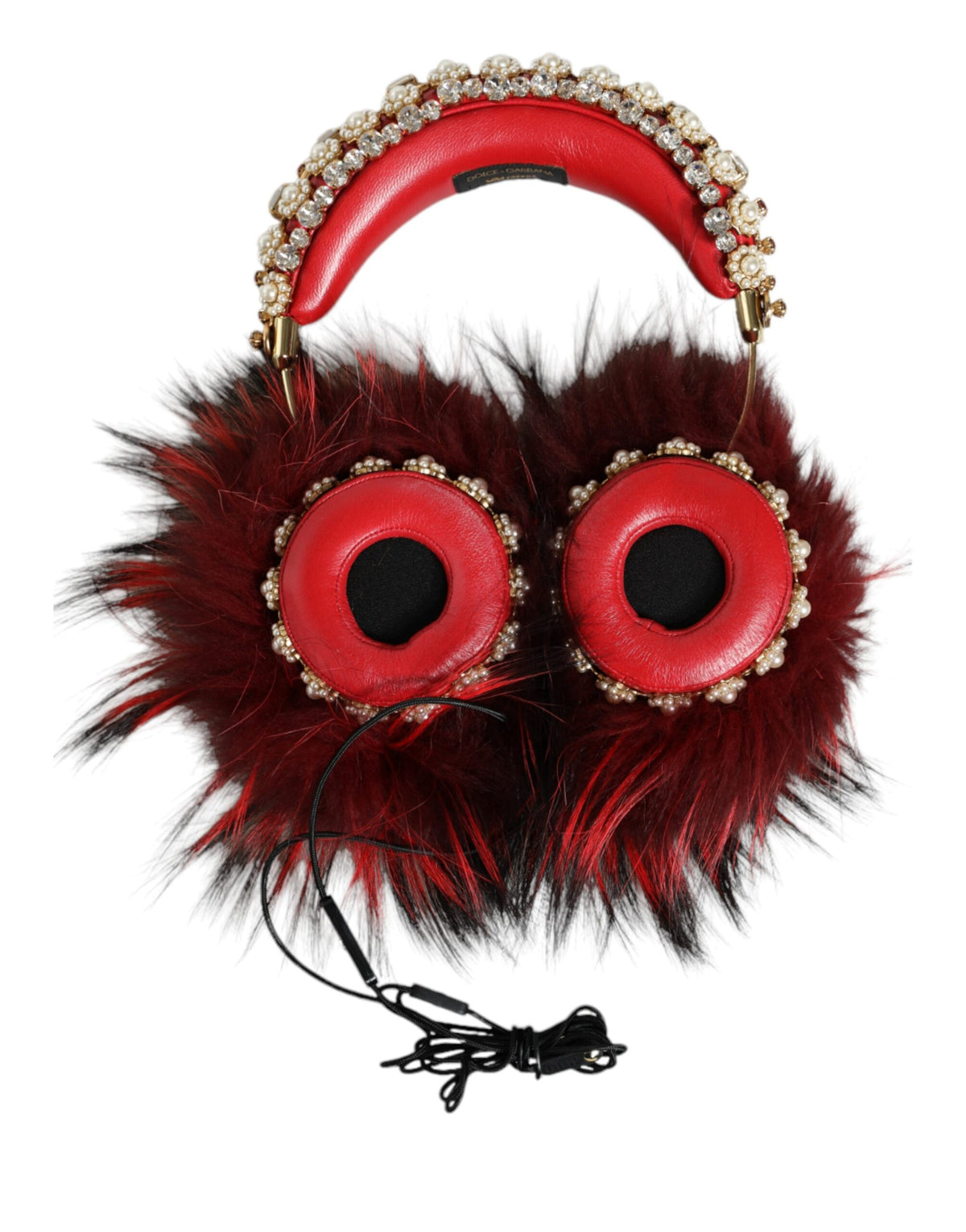Experience the opulent allure of Dolce & Gabbana's Red Gold Crystal Fur Headset, where exquisite craftsmanship meets luxurious design, perfect for the discerning individual.