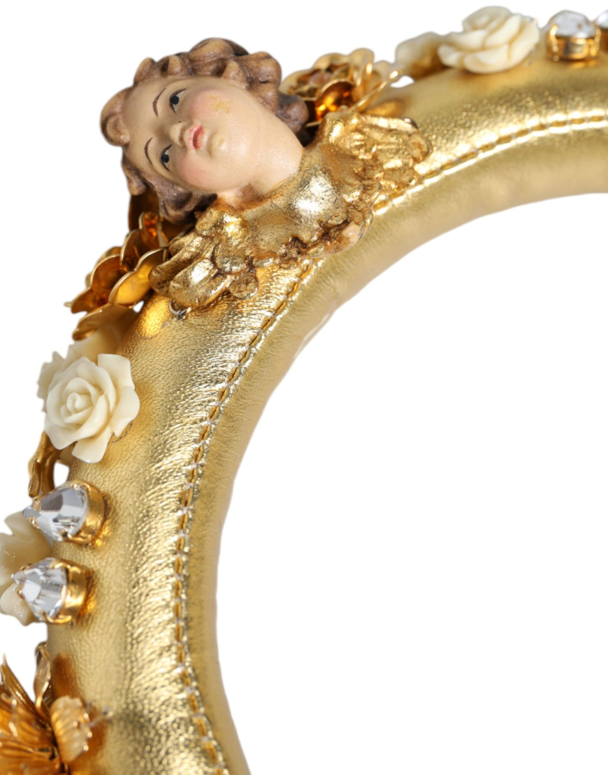 Dolce & Gabbana Gold Leather Floral Crystal Headset Luxury
