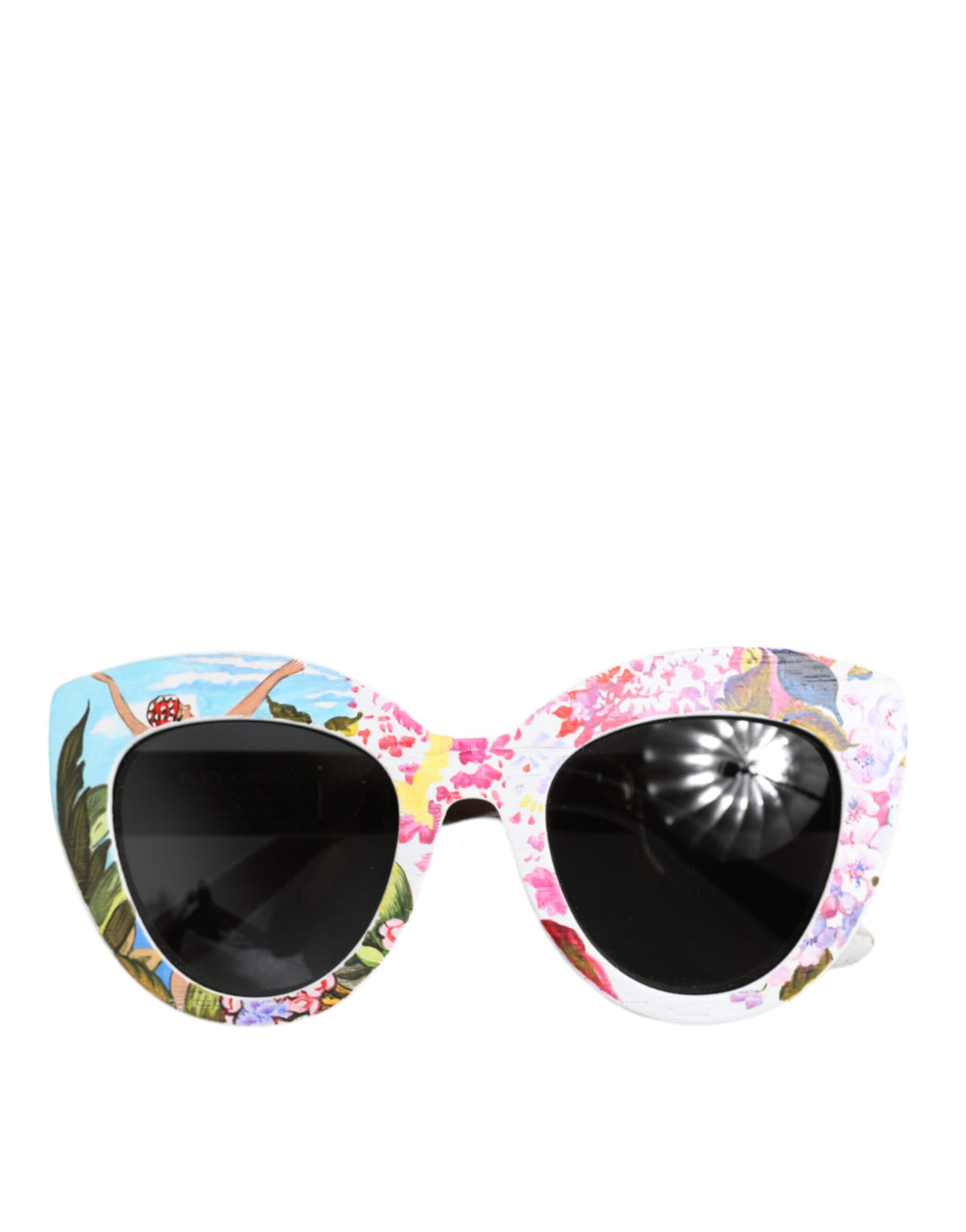 Elevate your style with Dolce & Gabbana's Floral Hand Paint Sunglasses, a masterful blend of wood, crystal, and brass, embodying artisanal luxury and timeless elegance.